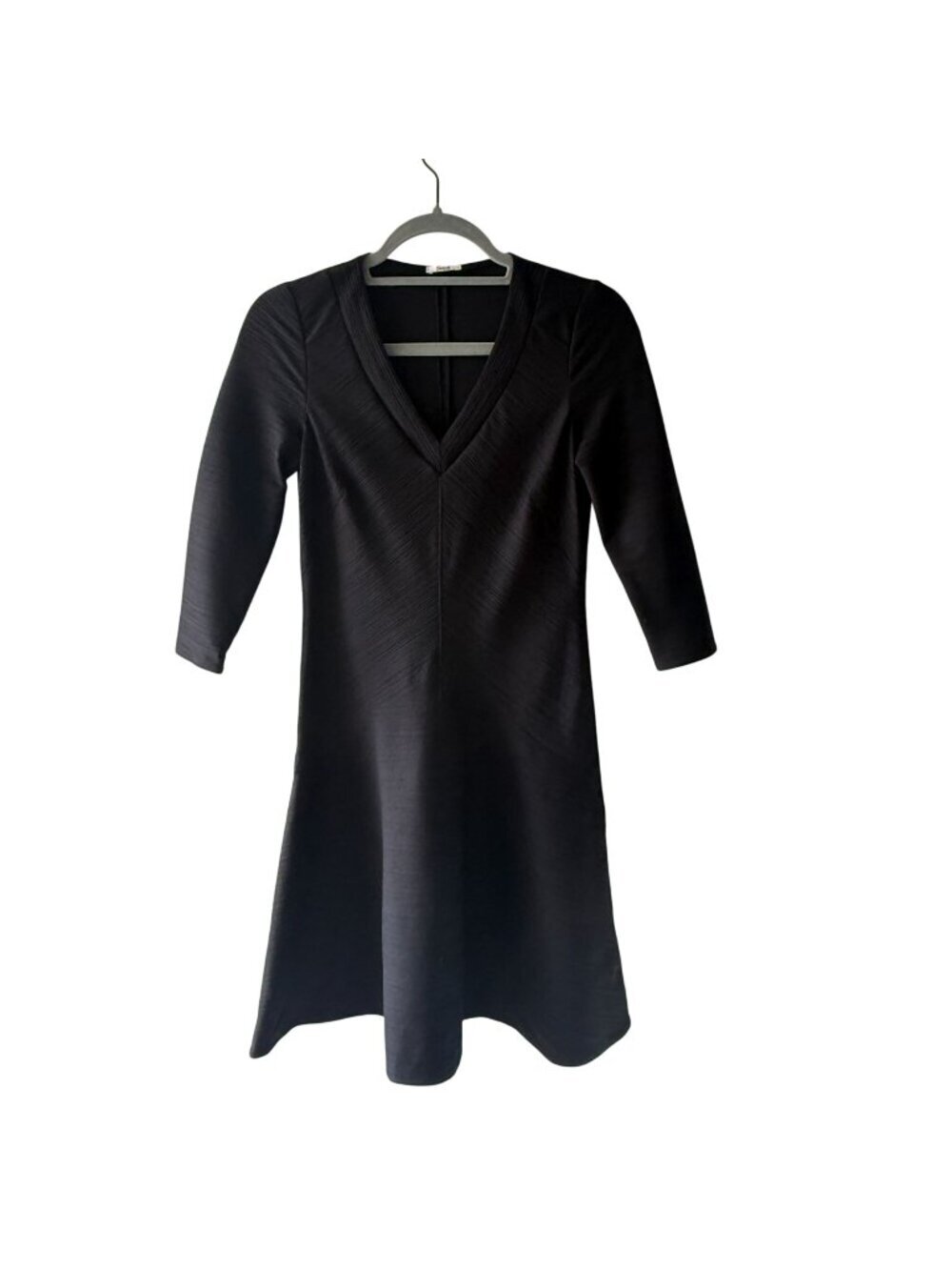 Wolford Size XS Black V-Neck Ribbed A-Line Midi Dress Stretch 3/4 Sleeves LBD